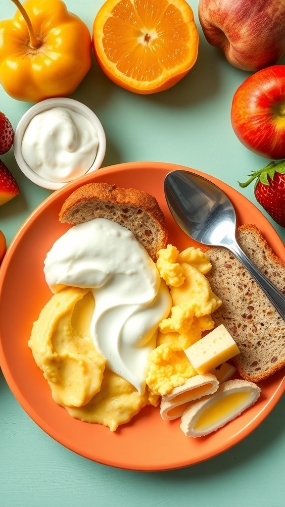 A nutritious breakfast for an 8-month-old baby including mashed banana, yogurt, scrambled eggs, and toast on a colorful plate.